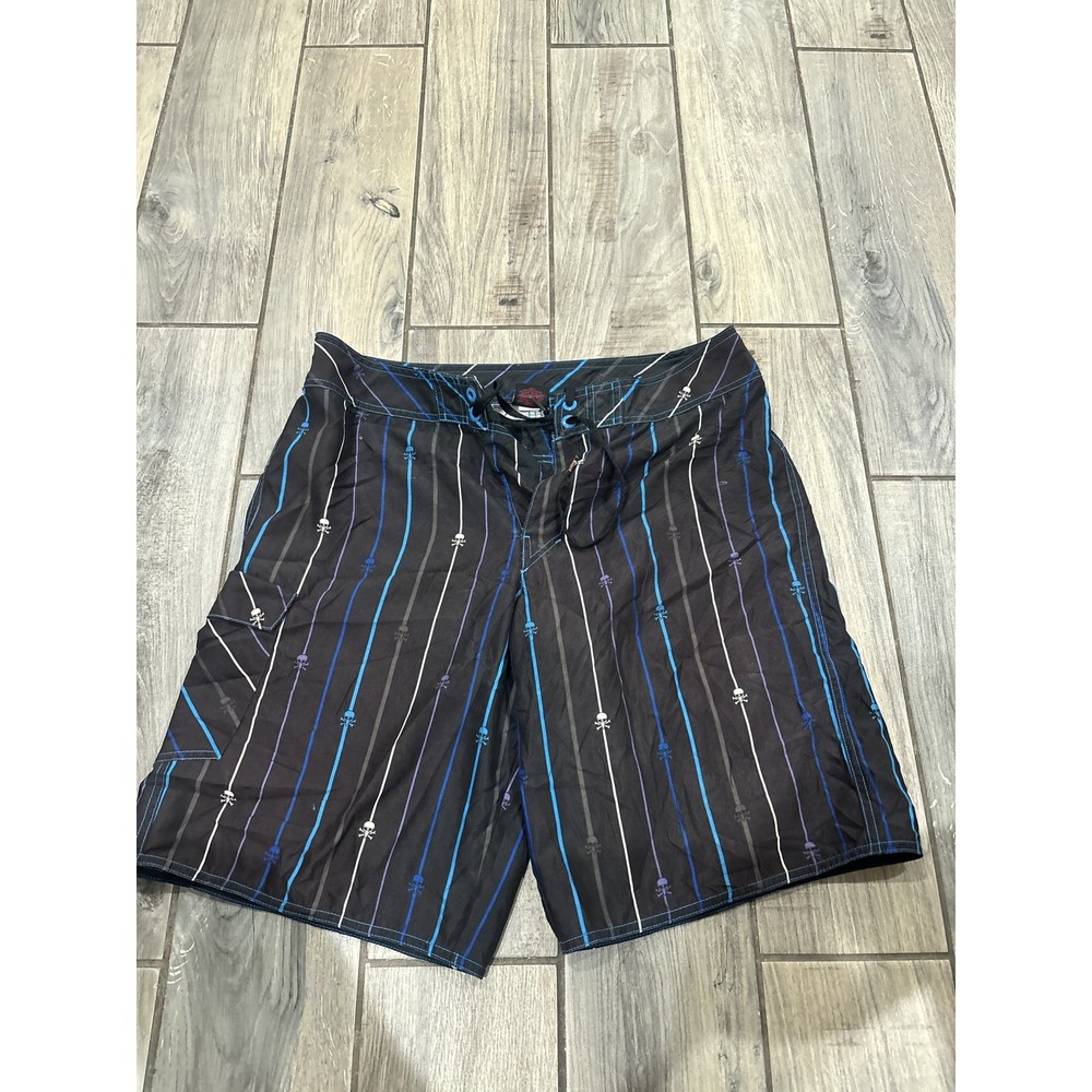 The Hawk Men's Black Skull Stripe Board Shorts Swim Trunks Size 34 Surfing Beach